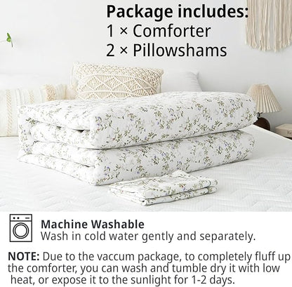 Botanical Cotton Comforter Queen Size - Tender Green Comforter Printed with Leafy Branches & Purple Stamens on Off-White,Reversible Lightweight Bedding Sets 3Pcs