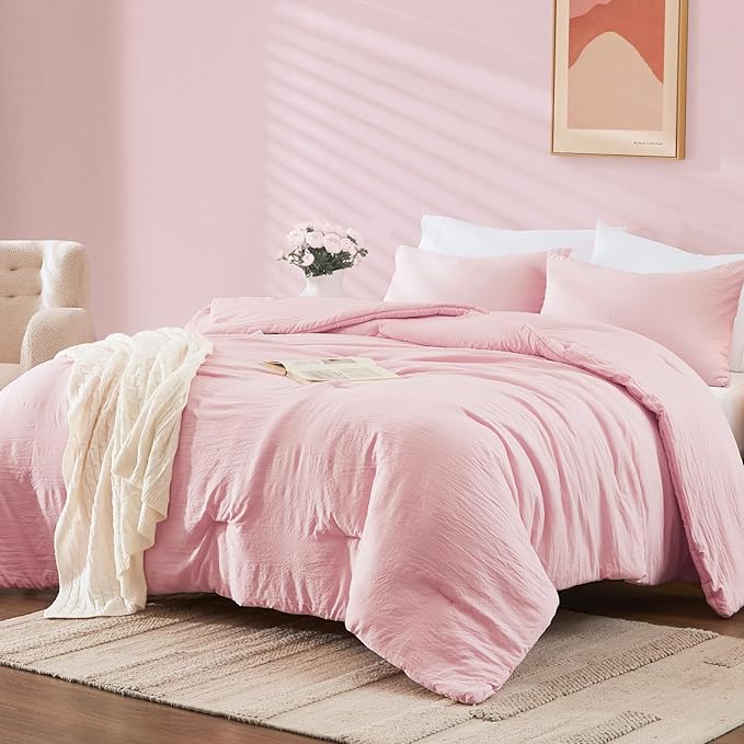 WRENSONGE Full Size Comforter Sets - 3 Pieces Soft Pink Comforter Prewashed Soft Lightweight for All Seasons, Fluffy Down Alternative Comforter Full Size with 2 Pillow Shams