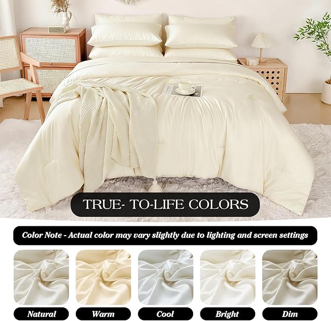 Double Brushed Micorfiber Queen Comforter Set Cream - 7-Piece Bed in a Bag, All-Season Soft Bedding with Sheets & Envelope Pillowcases (88"x88",Queen)
