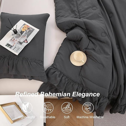 Dark Grey Comforter Set King Boho Bedding Set Shabby Chic 2 Layers Ruffled Bedroom Home Decor Ultra Soft Microfiber Farmhouse Down Comforter Bohemian Quilt Set