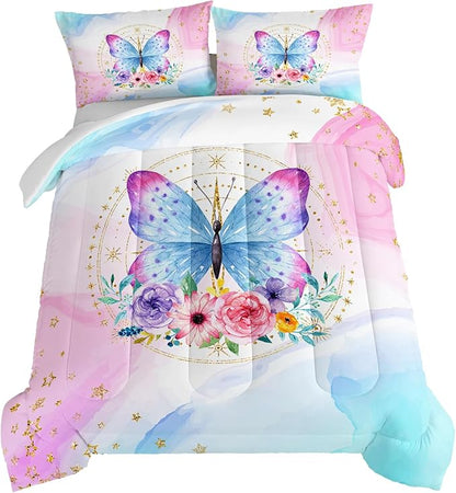 HOSIMA Butterfly Comforter Set for Girls, Pink Floral Comforter Twin Size with Golden Star and Colorful Butterfly Pattern, Includes 2 Pillowcases