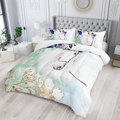 Floral Kid Galloping Horse Comforter Set Full Animal Theme Handsome Horse Bedding Set Decorated with Green and Gold Leaves for Boys Girls Adult, 1 Comforter + 2 Pillowcases