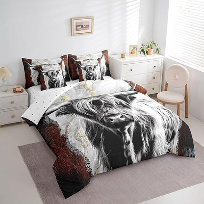 Erosebridal 7 Pcs Highland Cow Comforter Set Full Size,Vintage Marble Bed in a Bag with Flat Fitted Sheet for Kids and Adults,Rustic Western Cow Bedding Set with Pillowcases and Cushion Cases