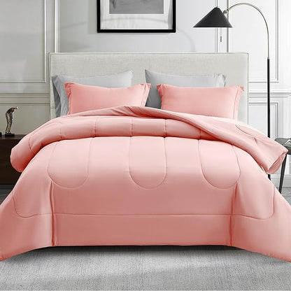 Maple&Stone Queen Size Comforter Set 7 Pieces Bed in a Bag - Down Alternative Bed Set with Sheets, Pillowcases & Shams, Soft Reversible Duvet Insert for Queen Bed, Pink and Grey