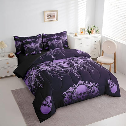 Erosebridal Gothic Comforter Set 7 Piece Bed in a Bag Twin,Goth Sugar Skull Purple Damask Bedding Set,Bohemian Vintage Floral Comforter and Sheet Set,Exotic Antique Victorian Baroque Decor