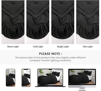 Black Comforter Set King Boho Bedding Set Shabby Chic 2 Layers Ruffled Bedroom Home Decor Ultra Soft Microfiber Farmhouse Down Comforter Bohemian Quilt Set