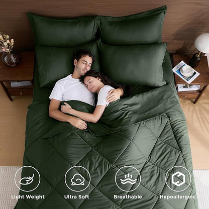 HEVUMYI Army Green California King Comforter Set - 7-Piece All Season Bed in a Bag Cal King, Ultra Soft Bedding Set with Comforter, Flat Sheet, Fitted Sheet, Pillowcases, Pillow Shams