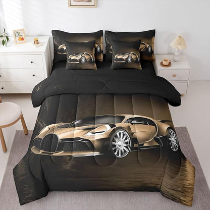 Feelyou Sports Car 7 Piece Bedding Set Brown Race Car Comforter Set with Sheets for Kids Boys Girls Extreme Sports Bed in a Bag Cool Speed Luxury Car Decor Quilt with 2 Pillowcases King