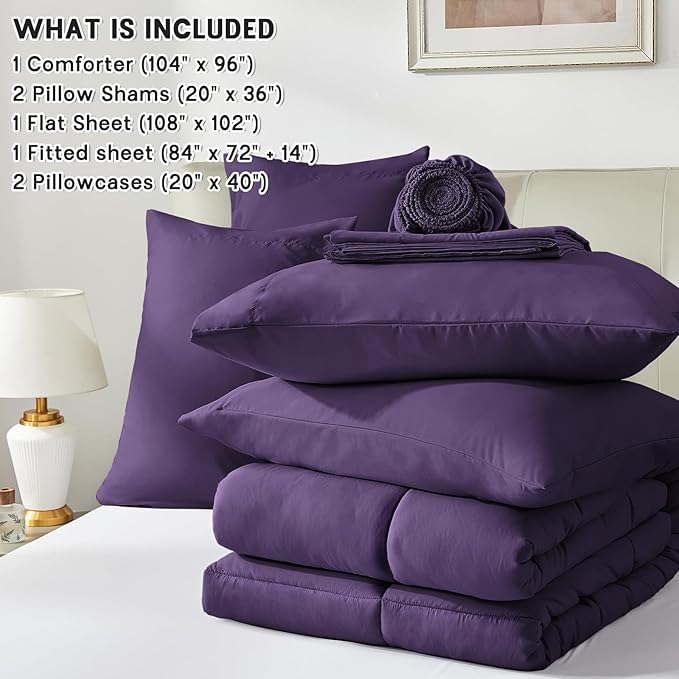 Anluoer California King Size Bed in a Bag 7 Pieces,Dark Purple Cal King Comforter Set with Sheets,All Season Bedding Sets with Comforter,Pillow Shams,Pillowcases,Flat Sheet,Fitted Sheet