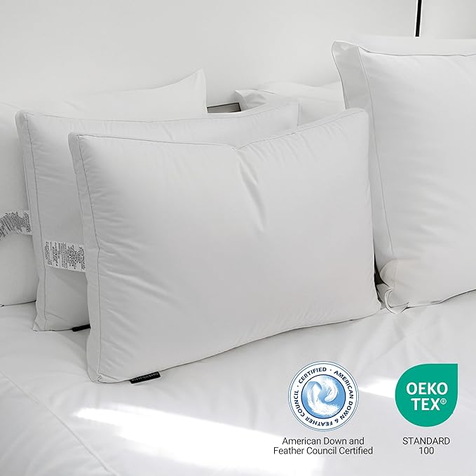 Hotel Grand Goose Feather Down Fiber Pillows Queen Size Set of 2, 100% Cotton Cover, Medium Firm, Hotel Collection 2Inch Gusseted Bed Pillows for Back, Stomach or Side Sleepers, 18"x26", White