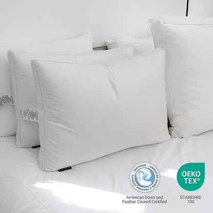 Hotel Grand Goose Feather Down Fiber Pillows Queen Size Set of 2, 100% Cotton Cover, Medium Firm, Hotel Collection 2Inch Gusseted Bed Pillows for Back, Stomach or Side Sleepers, 18"x26", White
