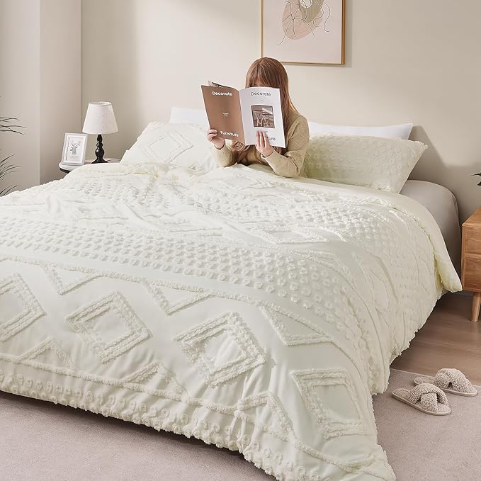 Boho King Comforter Set Beige with Sheets, 3 Pieces Tufted King Comforter Sets Boho Bedding Cream Soft Warm Neutral Comforter Sets for All Seasons