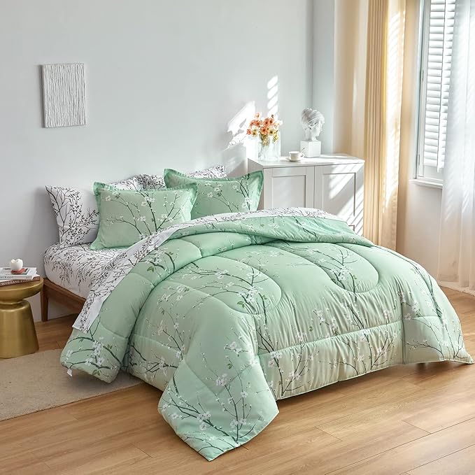 Green Comforter Sheet Set Bed in a Bag 7 Pieces Queen Size Tree Branch Bloom Flower Microfiber Reversible Bedding Set (1 Comforter 2 Pillow Shams 1 Flat Sheet 1 White Fitted Sheet 2 Pillowcases)