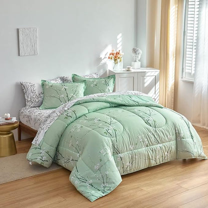Green Comforter Sheet Set Bed in a Bag 7 Pieces Queen Size Tree Branch Bloom Flower Microfiber Reversible Bedding Set (1 Comforter 2 Pillow Shams 1 Flat Sheet 1 White Fitted Sheet 2 Pillowcases)