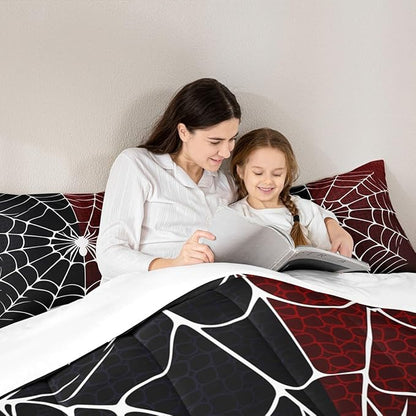 Spider Web Comforter Set King Size, Black and Red Halloween Bedding Set 3pcs, White Spider Arachnid Insect Animal Down Comforter for All Season, Kids Boys Teens Room Decor, 2 Pillowcases, No Sheets