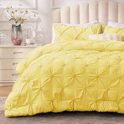 BEDELITE Light Yellow Twin Comforter Set - 2 Peices Boho Pintuck Bedding Comforter Sets, Lightweight Soft & Warm Twin Bedding Sets with 1 Pillowcase for All Season