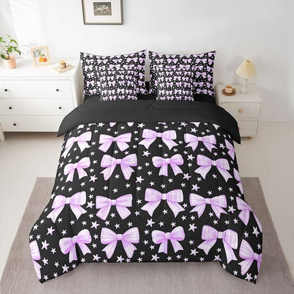 Erosebridal Bowknot Girls Kawaii Purple Black Comforter Set Queen Size 7 Pieces | Cute Bow Bed in A Bag Princess Y2K Dreamy Bed Set Starry Bedding
