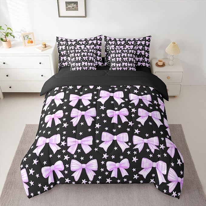 Erosebridal Bowknot Girls Kawaii Purple Black Full Comforter Set 7 Pieces | Cute Bow Bed in A Bag for Bedroom Princess Y2K Dreamy Bedding Set with Comforters Starry Room Decor