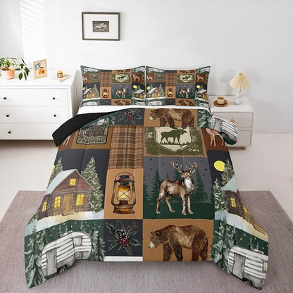 Farmhouse Bear Comforter Set Twin, Rustic Cabin Lodge Down Comforter, Retro Woodland Deer Bedding Comforter Sets, Hunting Wild Animal Plaid Checkered Quilt with 1 Pillow Case Bedroom Decor, Brown