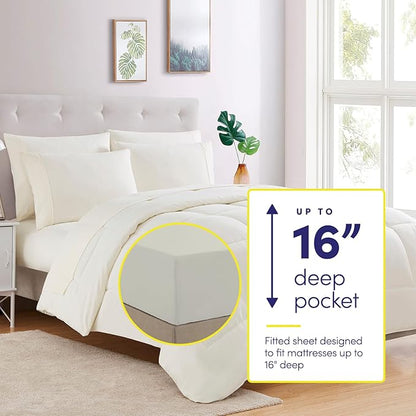Sweet Home Collection 7 Piece Comforter Set Bag Solid Color All Season Soft Down Alternative Blanket & Luxurious Microfiber Bed Sheets, Ivory, Queen