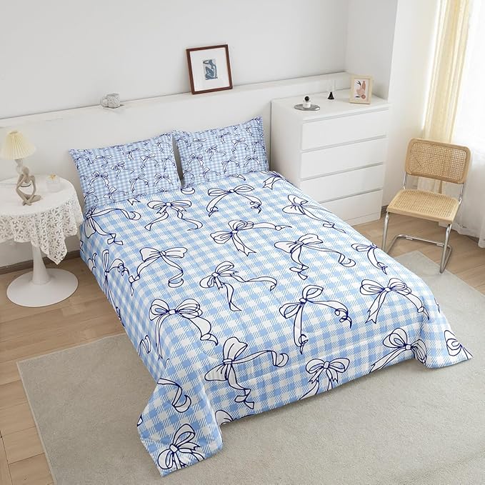 Feelyou Kawaii Bow Bedding Set Plaid Girls Bow Comforter Set for Kids Boys Girls Teens Room Decor Cute Bowknot Comforter Toddler Size Lovely Grid Duvet Set 2Pcs