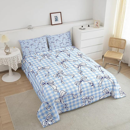 Feelyou Kawaii Bow Bedding Set Plaid Girls Bow Comforter Set for Kids Boys Girls Teens Room Decor Cute Bowknot Comforter Toddler Size Lovely Grid Duvet Set 2Pcs