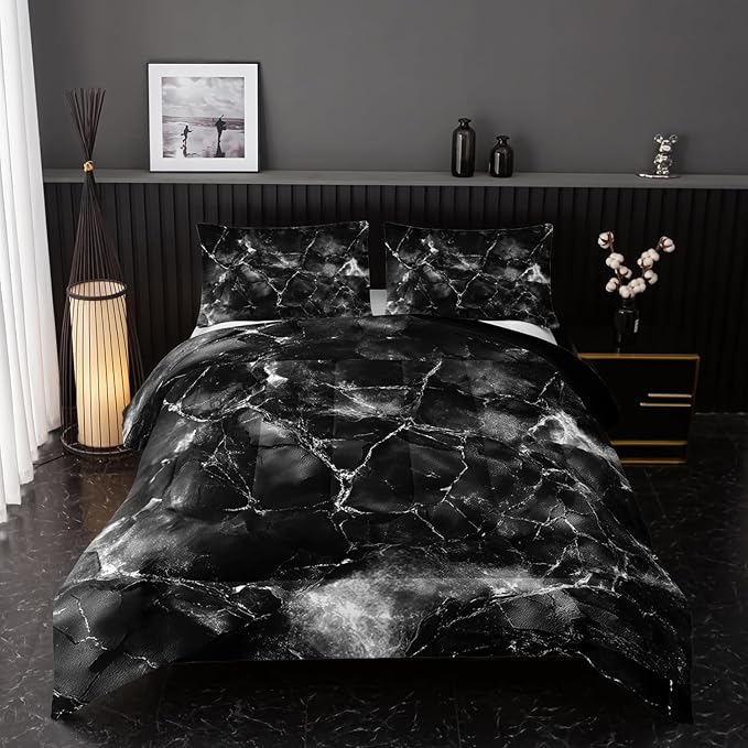 Black and White Comforter Set King Size，Black and White Marble Bedding Set 3 Pcs Bedding for Adults, Marble Room Decor with Comforter and 2 Pillowcases Soft and Lightweight