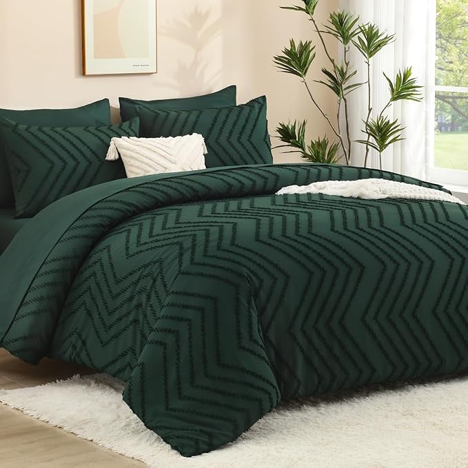 Litanika California King Comforter Set with Sheets Emerald Green - 7 Pieces Cal King Bed in a Bag Chevron Tufted Complete Bedding Sets with Comforter, Sheets, Pillowcases & Shams