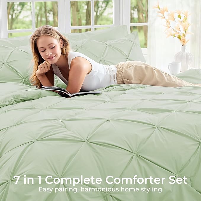 Sasttie Twin Comforter Set, 5-Piece Bed in a Bag, Pintuck Bedding Sets for All Season, Includes Comforter, Flat Sheet, Fitted Sheet, Pillowcase and Pillowsham, Mint