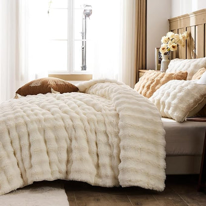 Lotus Karen Faux Fur Full Comforter Set – Cream White Fluffy Comforter Full Size, Big Bubble Faux Rabbit Fur Bedding Comforter Sets, Warm Cozy Fuzzy Bed Set 3 Pieces, 1 Comforter and 2 Pillowcases
