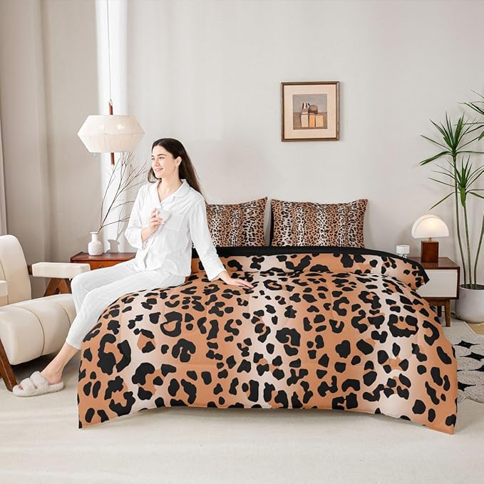 Erosebridal Cheetah Fur Print Ombre Brown 7 Piece Bedding Set Twin | Leopard Pattern Comforter Set with Sheets Gradient Animal Skin Bed in A Bag Women Men Adults Bed Sets