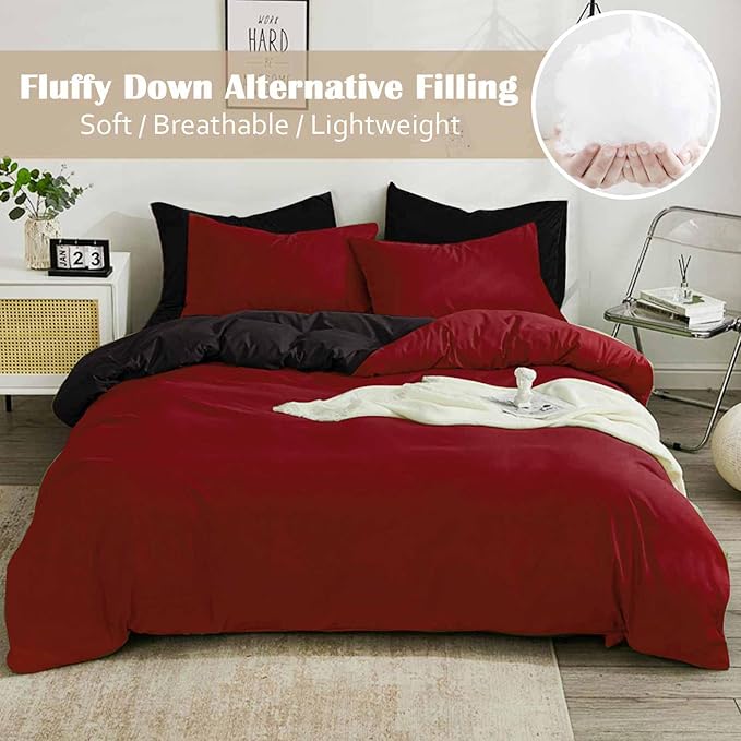 Nanko King Size Comforter Set Red and Black, All Season Soft Reversible Down Alternative Duvet Insert, Microfiber Filling Bed Sets, Modern Farmhouse Bedding Sets in a Bag for Women Men 104 x90 3 PCS