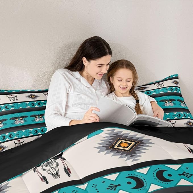 Erosebridal Exotic Moth Queen Comforter Set Bull Skull Quilt for Kids Child Boys Girls,Western Boho Bedding Set Geometric Aztec Decor Western Duvet Insert,Tribe Arrow Bohemian Room Decor Teal Blue