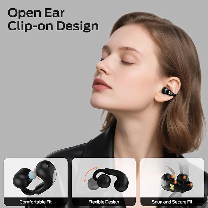 Monster Open Ear AC228 Wireless Headphones, Clip-On Earbuds, Adaptive Comfort, Immersive Audio, Bluetooth 6.0 Open Ear Earphones, 30H Playtime, IPX5 Water Resistant, Black.