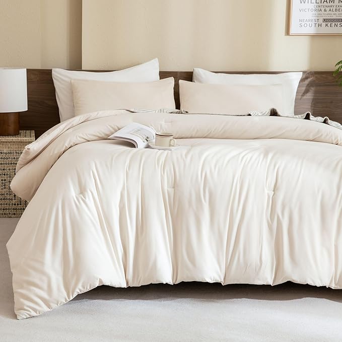 Paxrac Beige Comforter Set Full Size, Cream3 Pieces Comforter Set, Lightweight Solid Neutral Bedding Set, All Seasons Soft Breathable Boho Full Comforter Set (80x90In Comforter & 2 Pillowcases)