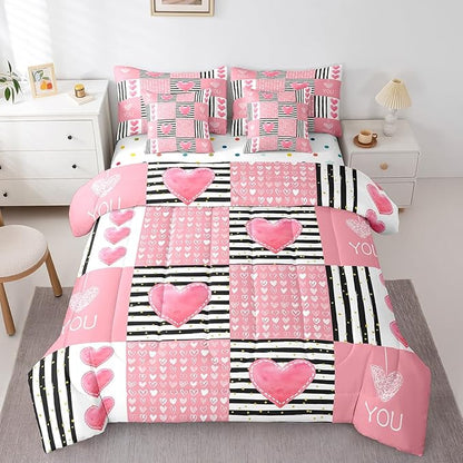 Feelyou Full Size Girls Like Cartoon Cute Comforter Set with Sheets Boys Girls Pink Heart-Shaped 7 Piece Bedding Set for Adult Black Pink Romantic Bed in a Bag Geometric Bed Set