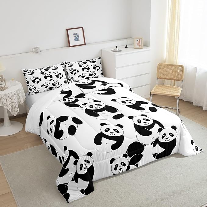 Erosebridal Cartoon Panda Comforter Set, Cute Panda Down Comforter Queen, Wildlife Animal Quilted Duvet, Animal Comforter Set for Nursery Toddler Kids Boys Girls, Soft Breathable Duvet Insert