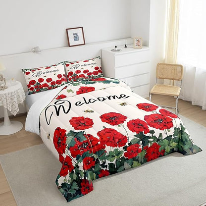 Erosebridal Red Farmhouse Flower Bedding Sets Twin Spring Bee Geranium Down Comforter Rustic Blossom Floral Comforter Set for Kids Girls Adults Women,Green Leaf Bed Set Country Garden Style Decor