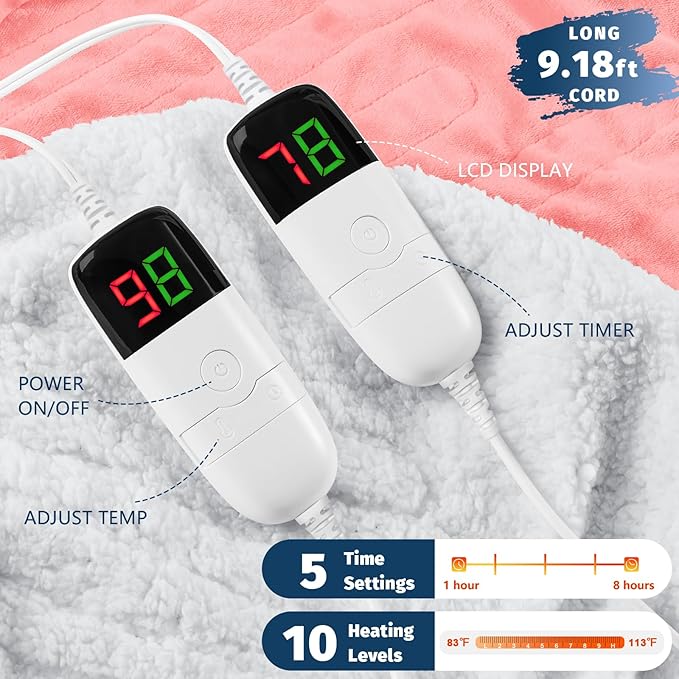 Heated Electric Blanket King Size - 90" x 100" Heating Blanket with Dual Control, 10 Heating Levels & 8 Hours Auto Off, Soft Warm Flannel Blanket, Christmas Birthday Gifts for Senior Grandma