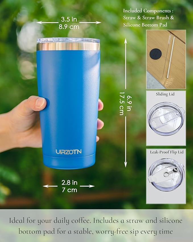 Travel Coffee Tumbler 20oz, Leakproof Travel Coffee Mug with Dual Lids and Straw, Stainless Steel Double Wall Vacuum Insulated Tumbler for Hot/Iced Drinks (Sapphire Blue, Textured Matte)