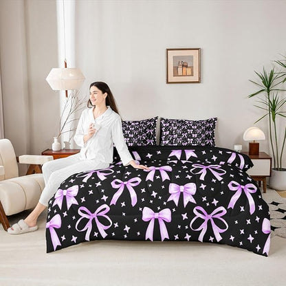 Erosebridal Kawaii Black Purple Cute Girls Bowknot King 7-Piece Comforter Set | Princess Sheets and Pillowcases Dreamy Y2K Bed in A Bag Bow Kids Bed Sets