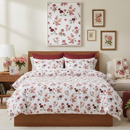 Nayoroom Vintage Floral Comforter Set Queen Size Red Pink Flower Botanical Leaf Pattern Spring Bedding Set 3 Pieces Soft Lightweight Aesthetic Garden Comforter for All Seasons