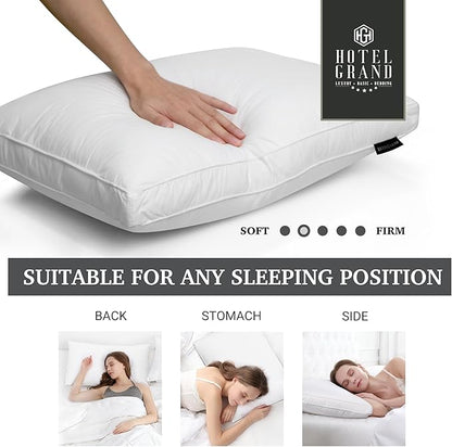 Hotel Grand Goose Feather Down Fiber Pillows Queen Size Set of 2, 100% Cotton Cover, Medium Firm, Hotel Collection 2Inch Gusseted Bed Pillows for Back, Stomach or Side Sleepers, 18"x26", White
