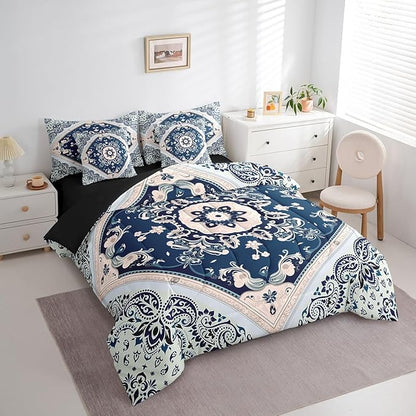 Oriental Twin Comforter Set 7-Piece Vintage Bedding Comforter Sets, Art Deco Floral Bed in a Bag Traditional Aesthetic Bedding Set Boho Tribal Bed Sheets Set, Hippie Mandala Paisley Decor Navy