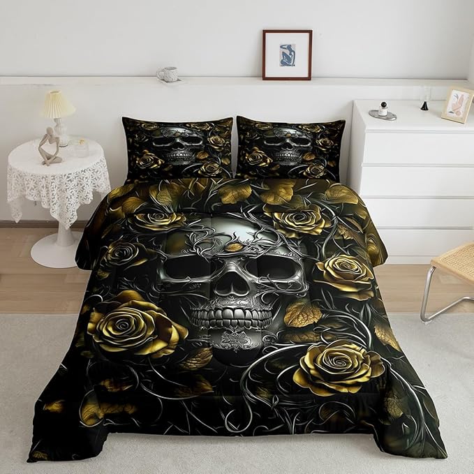 Erosebridal Adults Gothic Comforter Set Bohemian Boho Goth Bedding Set Twin Vintage Horror Skull Bed Sets Yellow Baroque Victorian Romantic Rose Duvet Insert,Halloween Gothic Bedroom Decor