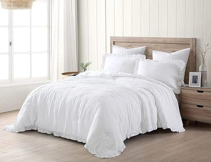 Chezmoi Collection Nora White Comforter Set Full Size 3-Piece Fluffy Soft Stone-Washed Ruffled Shabby Chic Bedding for All Season