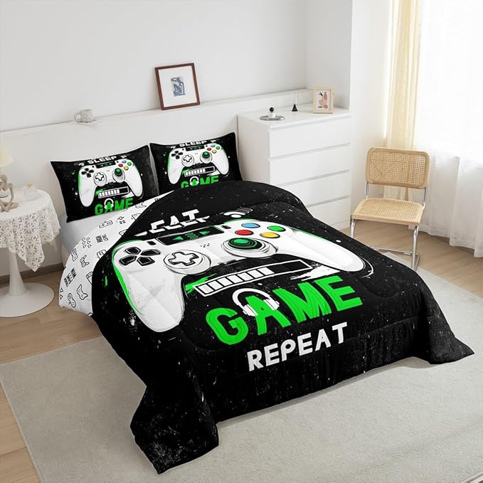 jejeloiu Eat Sleep Game Bedding Set Toddle Size Cartoon Gamer Comforter Set for Kids Boys Girls Modern Game Duvet Set Black Green Quilt Set 2Pcs