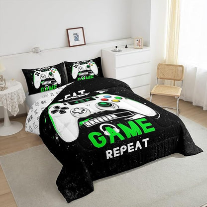 jejeloiu Eat Sleep Game Bedding Set King Size Cartoon Gamer Comforter Set for Kids Boys Girls Modern Game Duvet Set Black Green Quilt Set 3Pcs