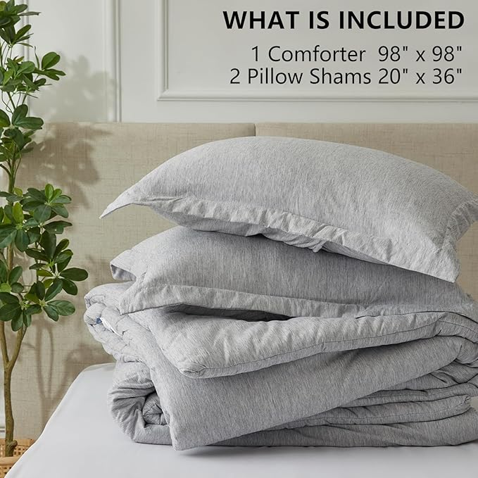 CozyLux Oversized Queen Comforter Set, 3 Pieces 98x98 Light Grey Soft Luxury Cationic Dyeing Bedding All Season, Light Gray Breathable Fluffy Bed Sets with 1 Alternative Comforter and 2 Pillow Shams