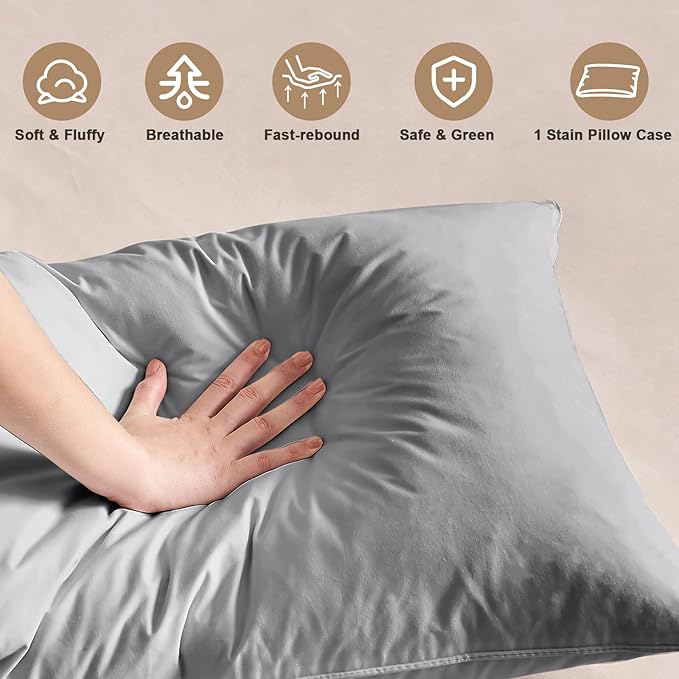 BHZ Grey Satin Goose Down Feather Pillows King Size with Satin Pillowcase for Hair and Skin, Cooling Pillow Cases Similar to Silk Pillow Cases, Decorative for Women, Mom Men